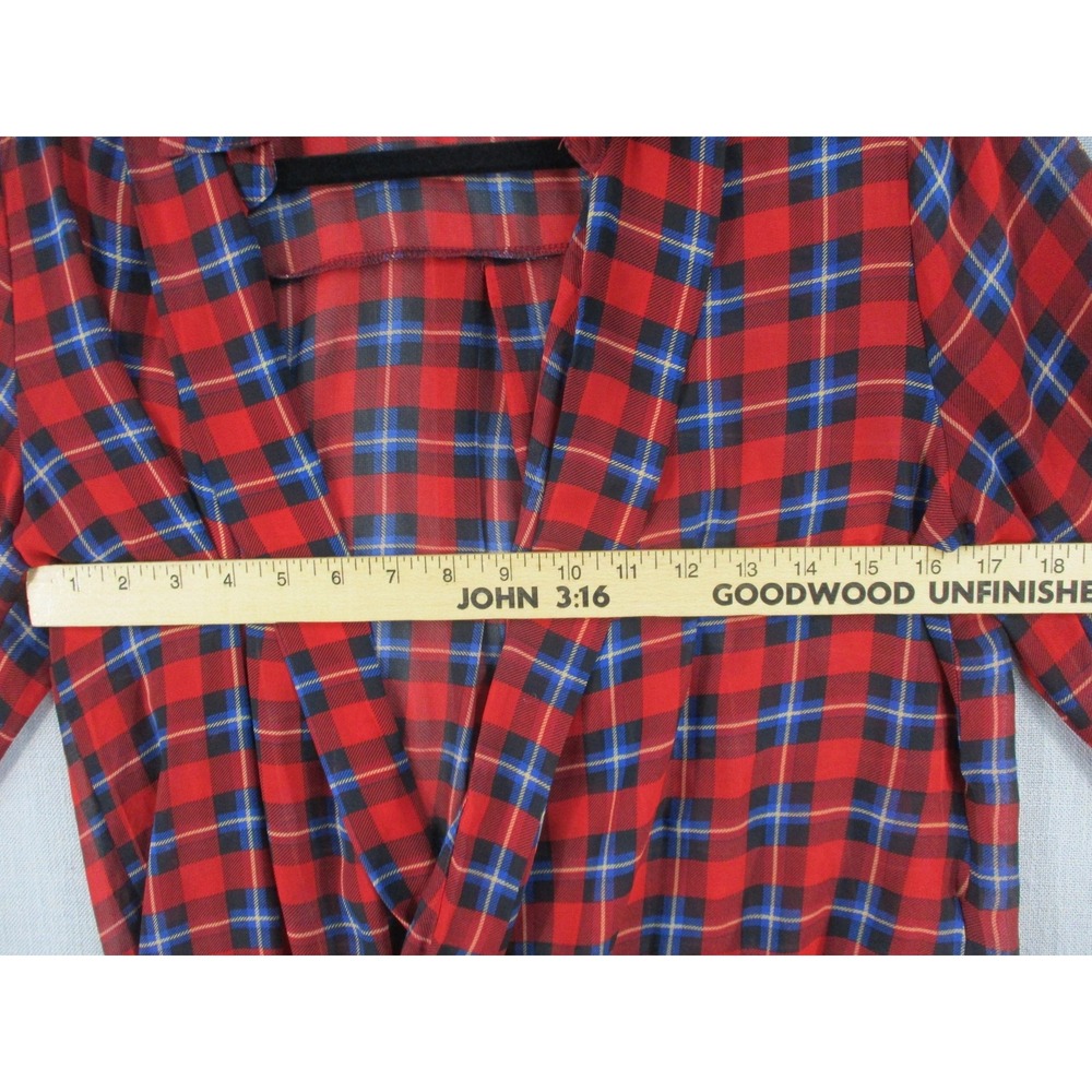 Chic Happens Red Blue Plaid Surplice Draped High Low Blouse Womens Medium - Picture 6 of 10